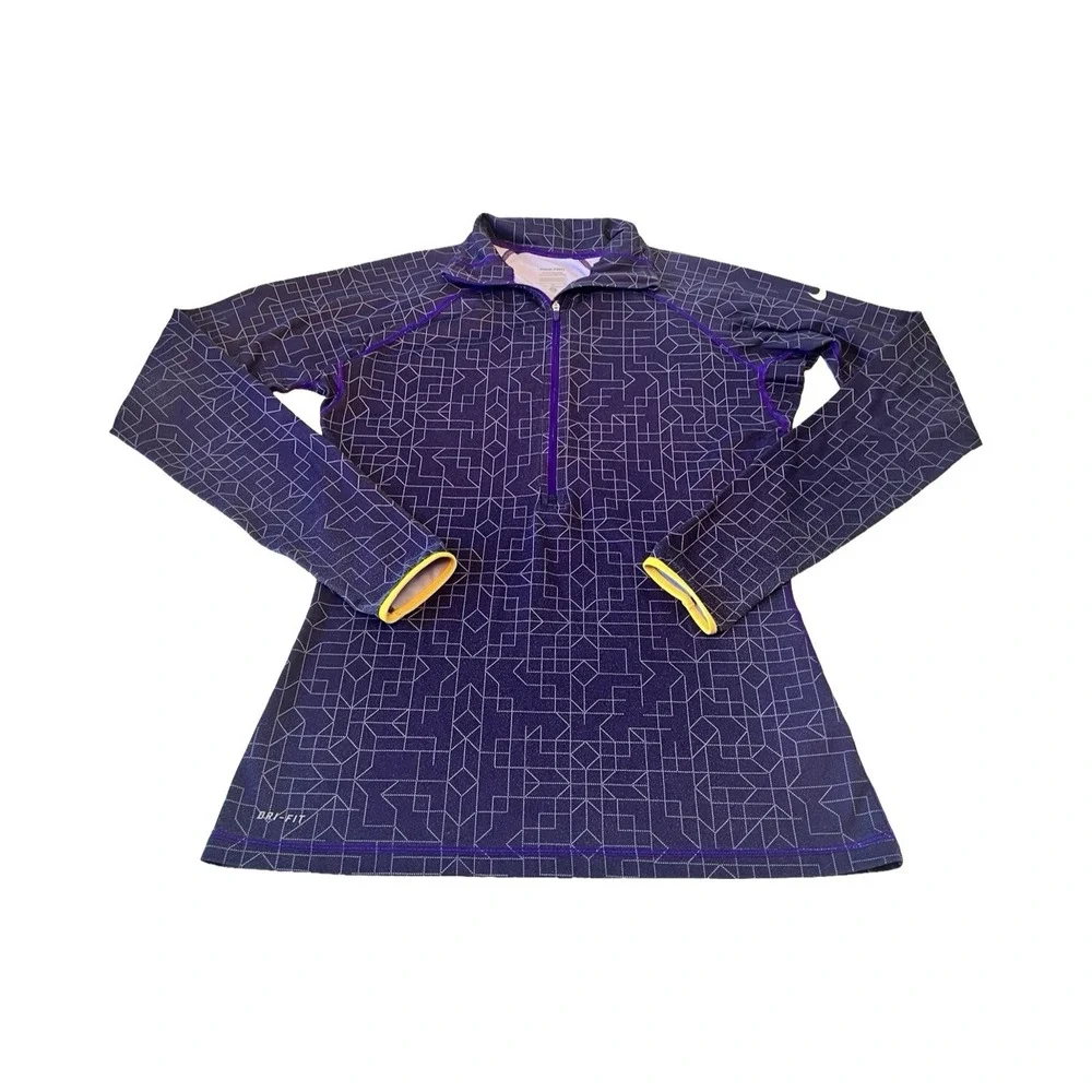 Nike Pro‎ Dri-FIT Pullover Women M 1/2 Zip Purple Geometric Training Long Sleeve